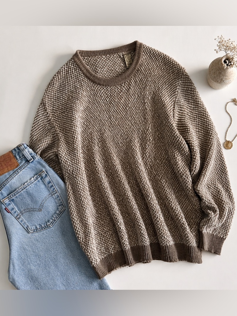 Textured Neutral Knit Sweater / Cotton Linen Blend / Relaxed Minimalist pullover